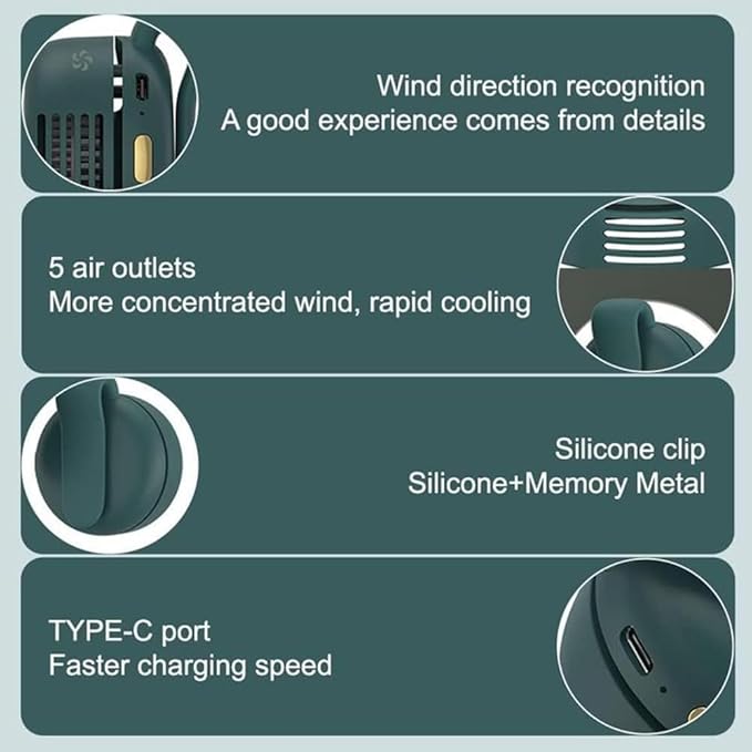 TFQXA1Z Portable Silent Clip On Bladeless Fan, Rechargeable Wearable Fan - Hands-Free Waist & Neck Cooling, 3 Speeds, 6H Runtime, USB-C Fast Charge (Pink)