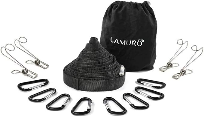Campsite Storage Strap with 19 Separated Loops for Hanging Camping Equipment, Gear and Supplies | Includes Carabiner Hooks and Clothes Pins | Durable Campground Organizer Holds up to 150 LBS