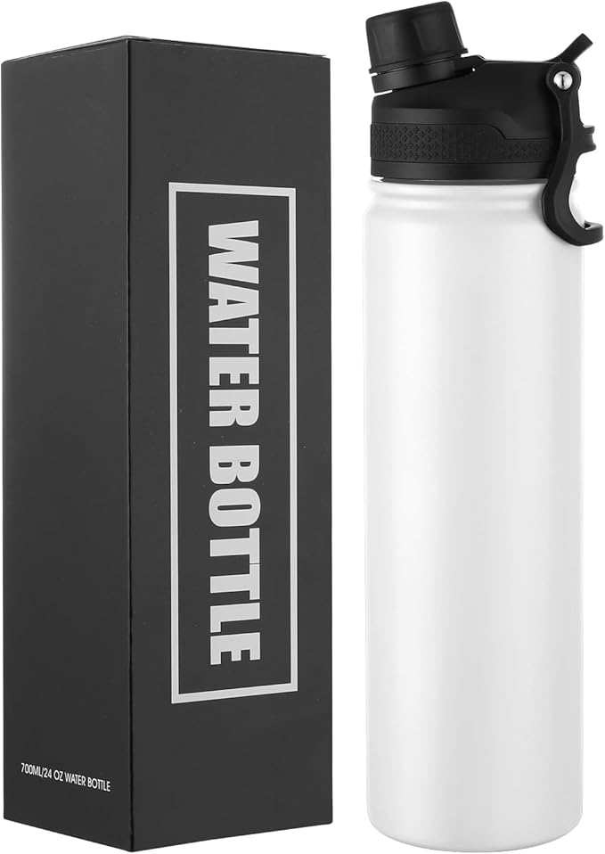 Insulated Water Bottle 24oz, Stainless Steel Double Wall Vacuum Sports Flask with 2-in-1 Straw & Chug Lid, BPA-Free, Leak Proof, Keeps Cold 24H for Travel Gym School