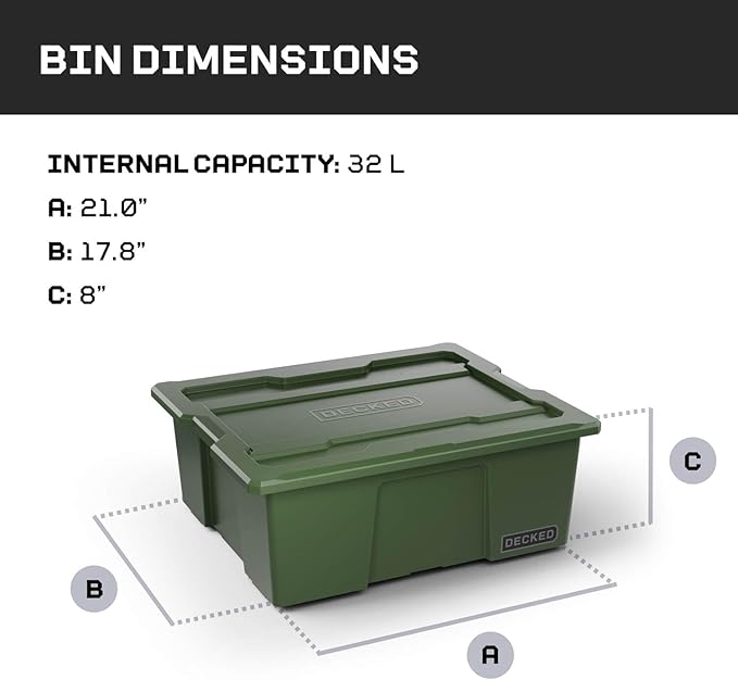 DECKED Payloader 32 L (1-Pack) - 75 lb Bin / 200 lb Lid Load Rated, Heavy-Duty Stackable Storage Bins, Fits Drawer System & Tool Box - Ranger Green
