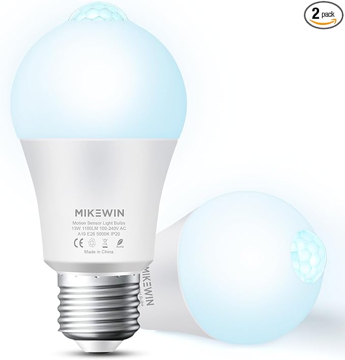 MikeWin Motion Sensor Light Bulbs Outdoor 2 Packs 13W(100W Equivalent) Security LED Bulb, Indoor E26, A19, 5000K Daylight Dusk to Dawn Bulb for Garage Front Door Porch Stairs Hallway