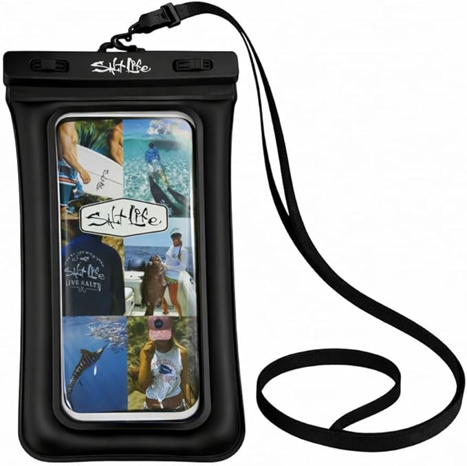 Salt Life Floating Waterproof Phone Case– IPX8 100% Waterproof Phone Case that Floats in Water, Universal Phone Dry Bag with Touchscreen Clear Window, Secure Seal Closure & Lanyard (Black)