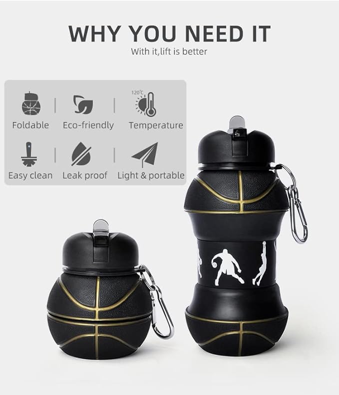 Louis Donné Silicone Collapsible Water Bottle, Toddler Water Bottle Black Basketball Style, Kids 19oz Water Bottle, Toys Gift for Kid Travel Accessories