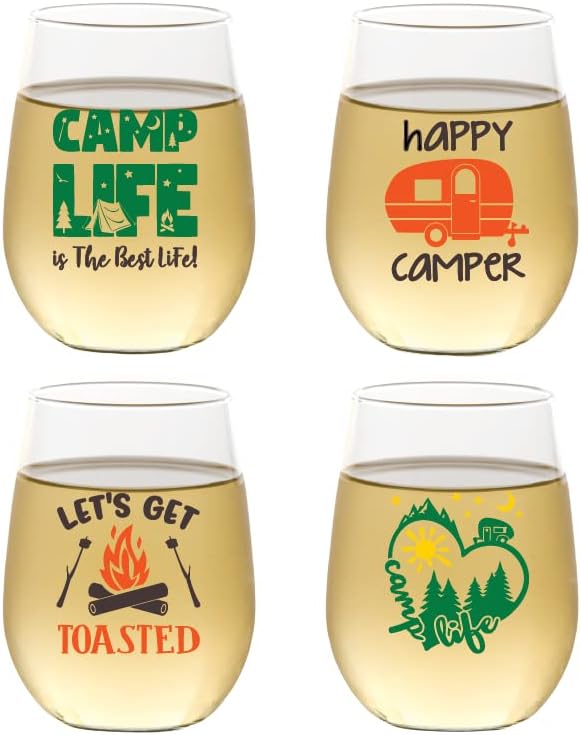 Set of 4 Shatterproof Designer 16 oz Plastic Wine Glasses MADE in the USA (CAMPING)