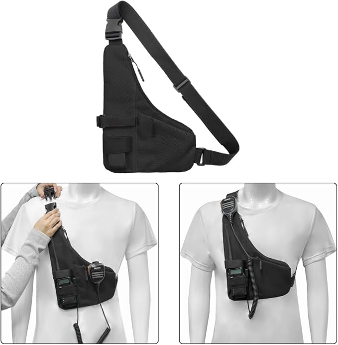 Universal Radio L Shape Chest 2 Pockets Harness Tactical Vest Nylon Vest Walkie Talkie Chest Rig Pack Pouch Holster for Baofeng Motorola Two Way Radio Vest (Black)