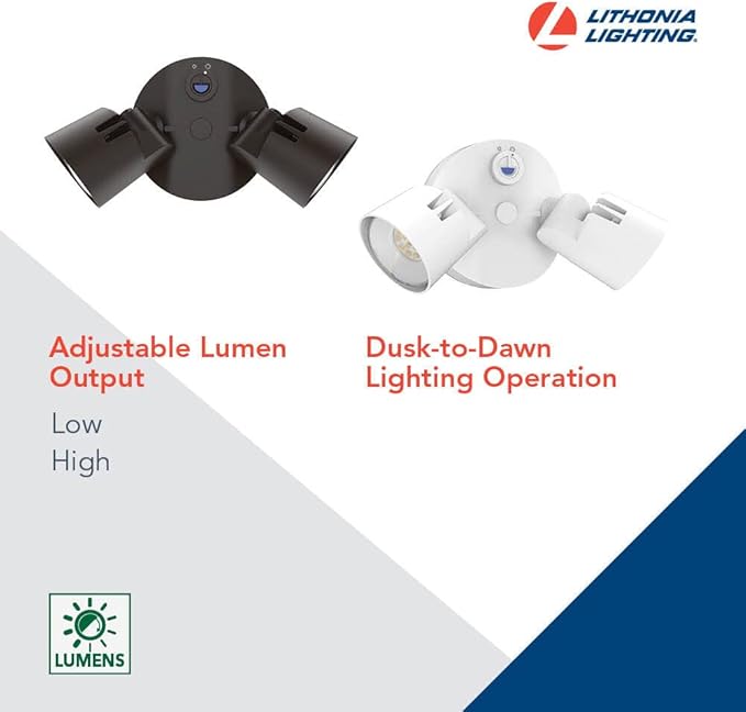Lithonia Lighting HomeGuard 2-Light LED Outdoor Flood Lights, Outdoor LED Lights, Dusk to Dawn Sensor, Adjustable Lumens, 4000K Cool White, Round Heads, White (HGX LED 2RH ALO 40K 120 PE WH M2)