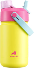 12 oz Kids Insulated Water Bottle for School: 2-in-1 Straw Spout Lid, Leakproof, BPA-Free, Keep Cold 24H, Reusable Stainless Steel Cup for Travel, Camping, Birthday Gift for Boys Girls (Lemon Pop)