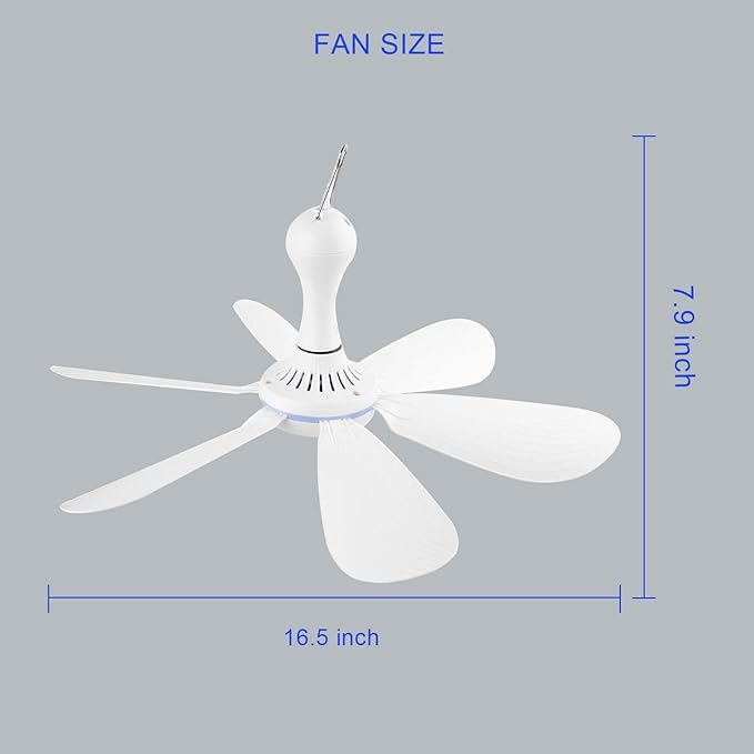 USB Powered Ceiling Fan Portable Canopy Fan with ON/OFF switch, 6 Blades Quiet Small DC USB Ceiling Fan Hanging Fan for Camping Cruise RV Tent Gazebo Bed Dormitory Home Room