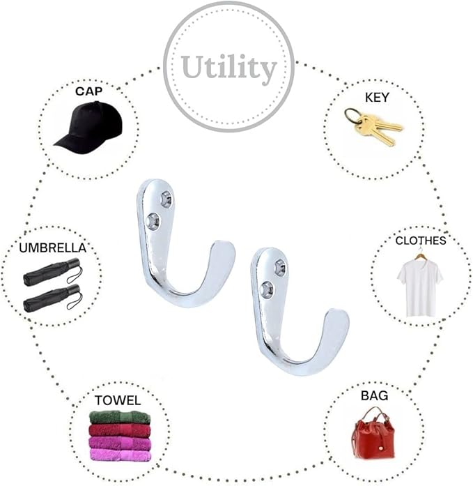 FAPBADRI Multipurpose Hooks, Used to Hang Clothes, Bags, Coats, Curtain Hold Backs, Keys, Silver Colour, Material - White Metal, Screws and Wallplugs Included, Pack of 4 Pieces