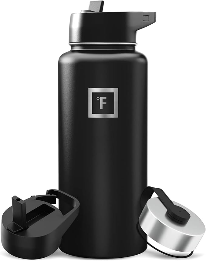 IRON °FLASK Camping & Hiking Hydration Flask with Straw, Wide Mouth Insulated Stainless Steel Sports Water Bottle - 32 oz Midnight Black