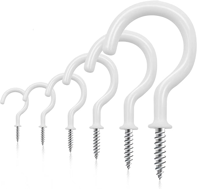 100 PCS Screw in Cup Hooks,6 Size Vinyl Coated Screw Ceiling Wind Chimes Cup Hooks for Hanging Indoor & Outdoor Use(White)