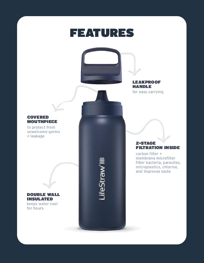 LifeStraw Go Series — Insulated Stainless Steel Water Filter Bottle for Travel and Everyday Use Removes Bacteria, Parasites and Microplastics, Improves Taste, 1L Kyoto Orange