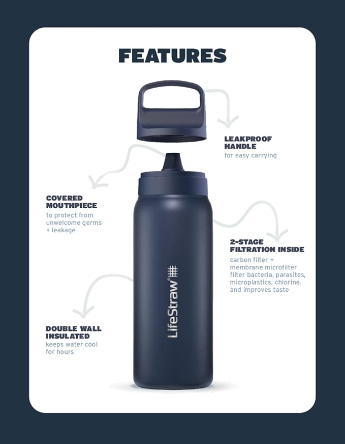 LifeStraw Go Series – Insulated Stainless Steel Water Filter Bottle for Travel and Everyday Use, Removes Bacteria, Parasites and Microplastics, Improves Taste, 1L Orchid Pink