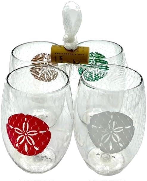 Set of 4 Shatterproof Designer 16 oz Plastic Wine Glasses MADE in the USA (SAND DOLLARS)