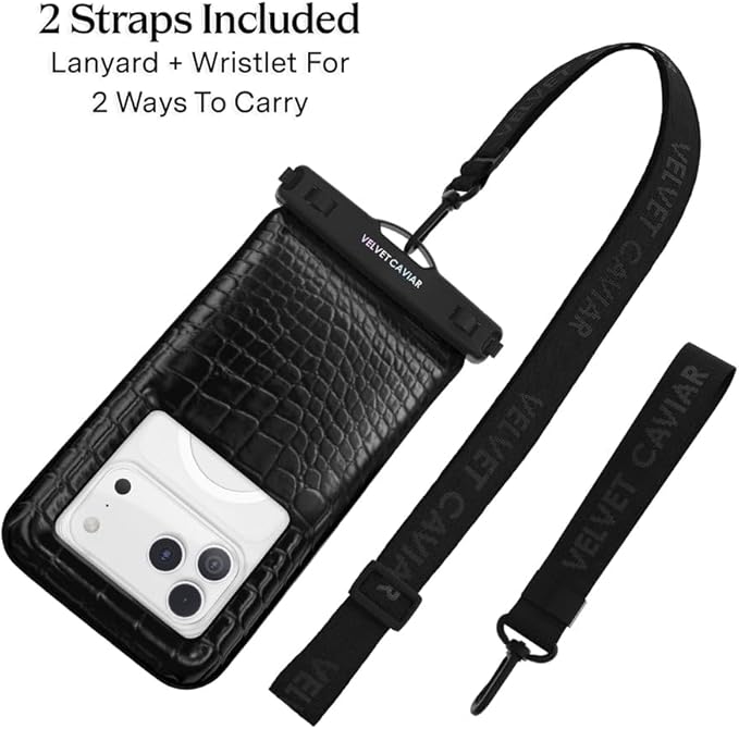 VELVET CAVIAR Waterproof Phone Pouch with Lanyard | IP68 Floating Case for iPhone & All Phones | Dry Bag for Snorkeling, Beach, Kayaking | Travel & Cruise Essentials for Women (Black Croc)