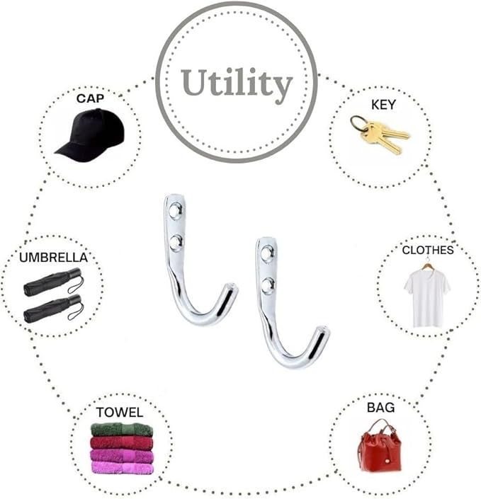 FAPBADRI Multipurpose Hooks, Used to Hang Clothes, Bags, Coats, Curtain Hold Backs, Keys, Colour - Silver, Material - Stainless Steel, Screws and Wallplugs Included, Pack of 10 Pieces