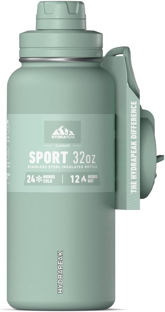 Hydrapeak 32oz Sport Insulated Water Bottle with Straw & Chug Lid, Leak & Spill Proof, Keeps Drinks Cold for 24 Hours, Hot for 12 Hours, Premium Stainless Steel Water Bottles (32oz, Seafoam)