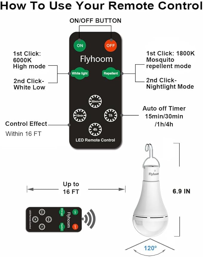 USB Rechargeable Light Bulbs with Remote Timer, 5 Light Modes, Daylight & Amber Light,1800mAh Rechargeable LED Light Bulb for Camping, Hiking, Emergency