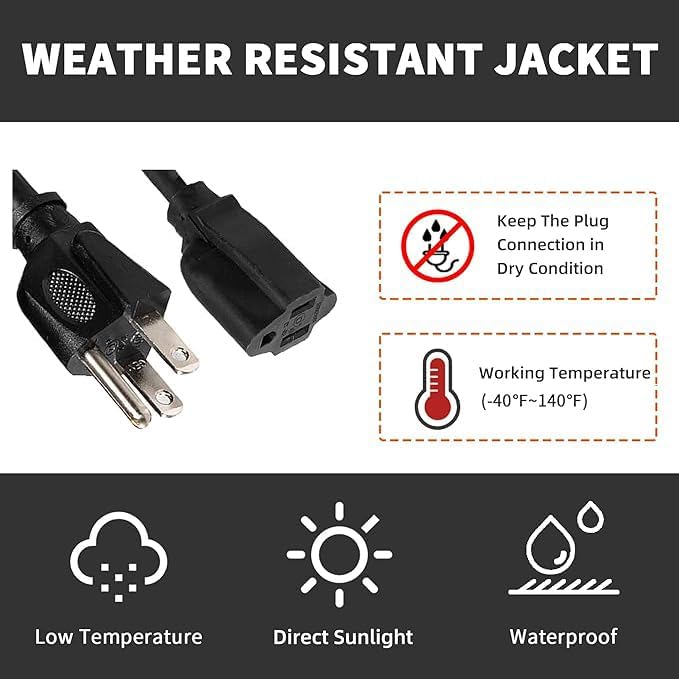 Indoor Outdoor Extension Cord Weatherproof, UL Certified, 10 Gauge 12FT Black 3 Prong Heavy Duty, 10/3 SJTW 15A Power Cord for Outdoor Lights, Appliances, Lawn