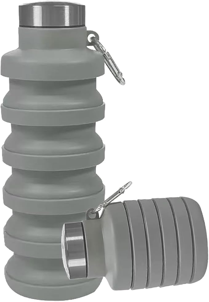 Collapsible Water Bottles,16oz Capacity Portable Reusable Silicone Water Bottle,Leak-proof,with buckle,foldable storage,Lightweight Durable for Fitness,Cycling,Sports,Camping,Hiking (Grey)