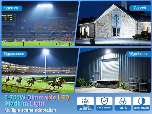 112500LM Led Stadium Light Dimmable 0-750w Super Bright Led Arena Flood Lights Outdoor 100-277v 5000k Yoke U Mount IP66 Waterproof Outside Wall Light Commercial for Square, Golf Court, Port
