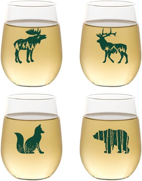 Wine-Oh! Set of 4 Shatterproof Designer 16 oz Plastic Wine Glasses MADE in the USA (WILDLIFE)