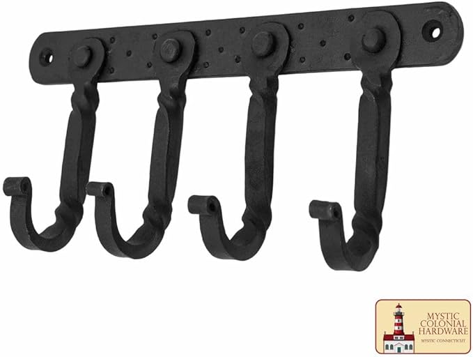 "Mystic Colonial Rustic Cast Iron Wall Mounted Coat Rack with 4 Blackened Hooks � Heavy Duty Vintage Utility Hanger for Entryway, Bathroom, Kitchen, Bag, Hat & Towel � Mounting Hardware Included"