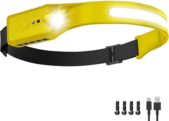 Nessciera Rechargeable LED Headlamp, 400 Lumens, 230° Wide Beam, USB-C, 5 Modes — Lightweight, Adjustable Headband; Hard Hat Clips for Camping, Hiking, Running, Repairs & Gift (1, Yellow)