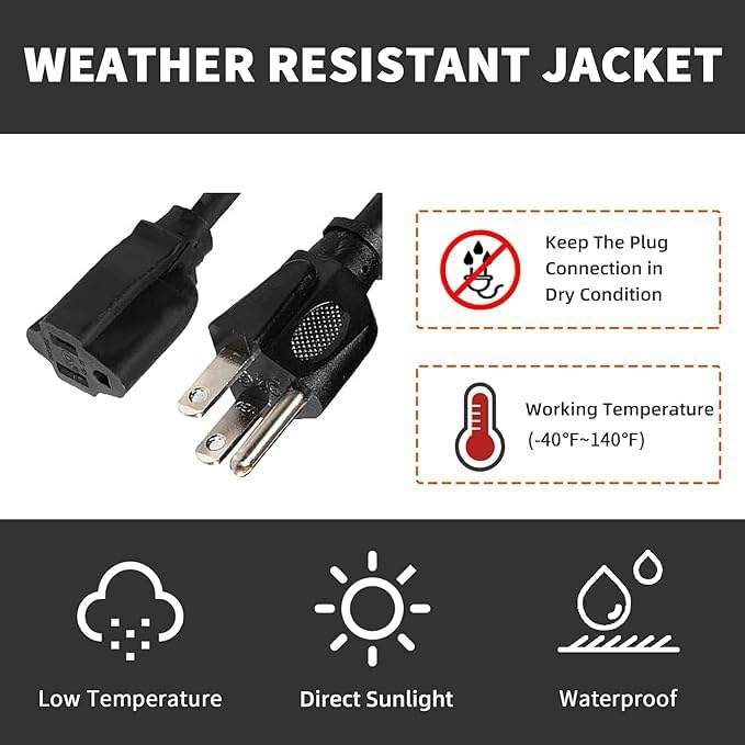 Extension Cord Weatherproof, UL Certified, 12 Gauge 3FT Black 3 Prong Heavy Duty, 12/3 SJTW 15A Power Cord for Lights, Appliances, Lawn
