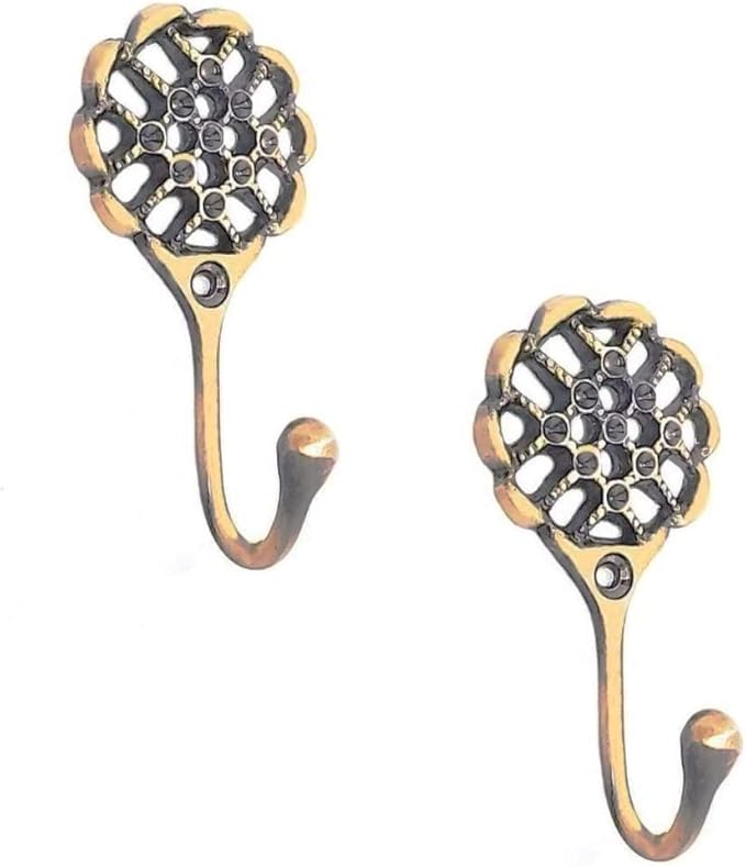 FAPBADRI Multipurpose Hooks, Used to Hang Clothes, Bags, Coats, Curtain Hold Backs, Keys, Colour - Antique Gold, Material - Brass, Mesh Design, Screws and Wallplugs Included, Pack of 4 Pieces
