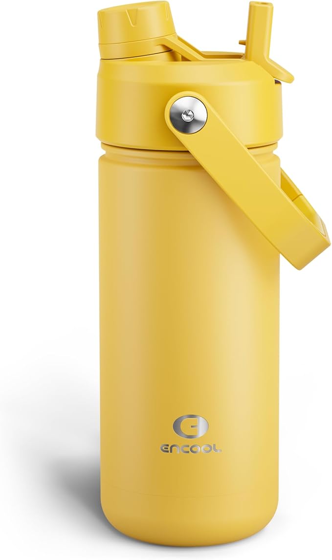 ENCOOL Insulated Water Bottle with Straw Stainless Steel Water Bottle, Leak-Proof, BPA-Free, Double Wall Vacuum Keeps Cold for 24 Hours for Sports, Travel, School (18 oz, Elfin Yellow)