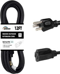Indoor Outdoor Extension Cord Weatherproof, UL Certified, 10 Gauge 12FT Black 3 Prong Heavy Duty, 10/3 SJTW 15A Power Cord for Outdoor Lights, Appliances, Lawn