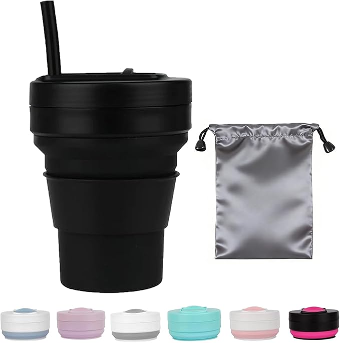12 Oz Silicone Collapsible Travel Cup with Bag,Portable Silicone Water Bottle for Hot and Cold Beverages, Reusable Folding Drinking Cup with Lids 350ml for Outdoor Camp Hiking Travel with Straw -Black