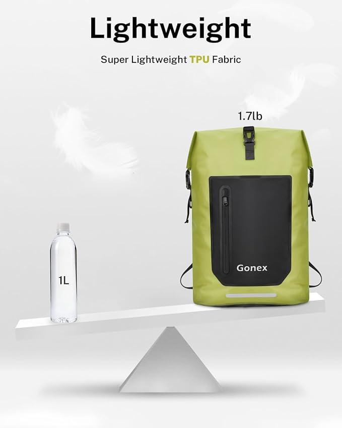 Gonex Ultralight Waterproof TPU Backpack, 35L Roll Top Dry Bag with Comfortable Padded Back Panel for Kayaking Boating Camping Fishing Travel,Green