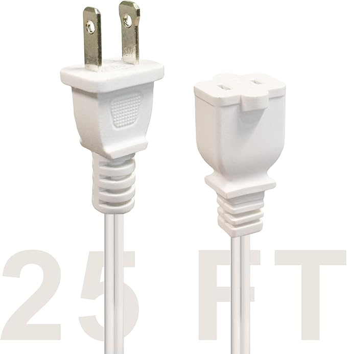 25 FT 2 Prong Extension Cord, 18AWG SPT-2 Indoor Male to Female Power Cord ETL Listed Extra Long Extension Cords, Flexible & Thin Design for Home Office Use, 10A 1250W, Polarized Plug, White