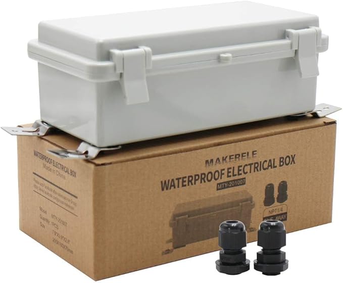 MAKERELE Small Electrical Junction Box With Cover Waterproof Outdoor Hinged Plastic Clip 7.9"3.9"2.8" (20010070mm) Outdoor Watertight DIY Electronics Enclosure with Wall Bracket and 2 NPT 1/4” Glands