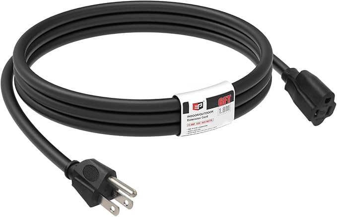 EP 6FT Black Outdoor Extension Cord, 16/3 SJTW Heavy Duty Waterproof, 3 Prong Grounded Plug, 13A 1625W 16AWG, Cold-Resistant Flexible Power Cable for Garden, Home, Christmas Lights