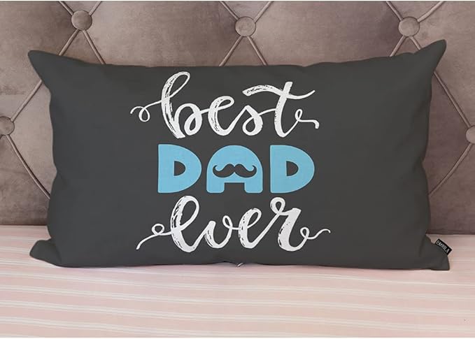 EKOBLA Happy Father's Day Lumbar Pillow Cases Best Dad Ever Mustache Beard Calligraphy Blue Black White Decorative Throw Pillow Cover Rectangle Cushion Covers Cotton Linen 12x20 Inch for Men Women