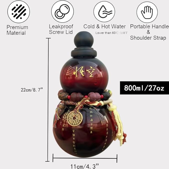 800ml/27oz Tritan Gourd Water Bottle with Shoulder Strap Set Dish Washer Safe BPA-free Leakproof Portable Gourd Drinking Bottle Flask Sport Jug Drinkware for Gym Outdoor Climbing Tour or Camping