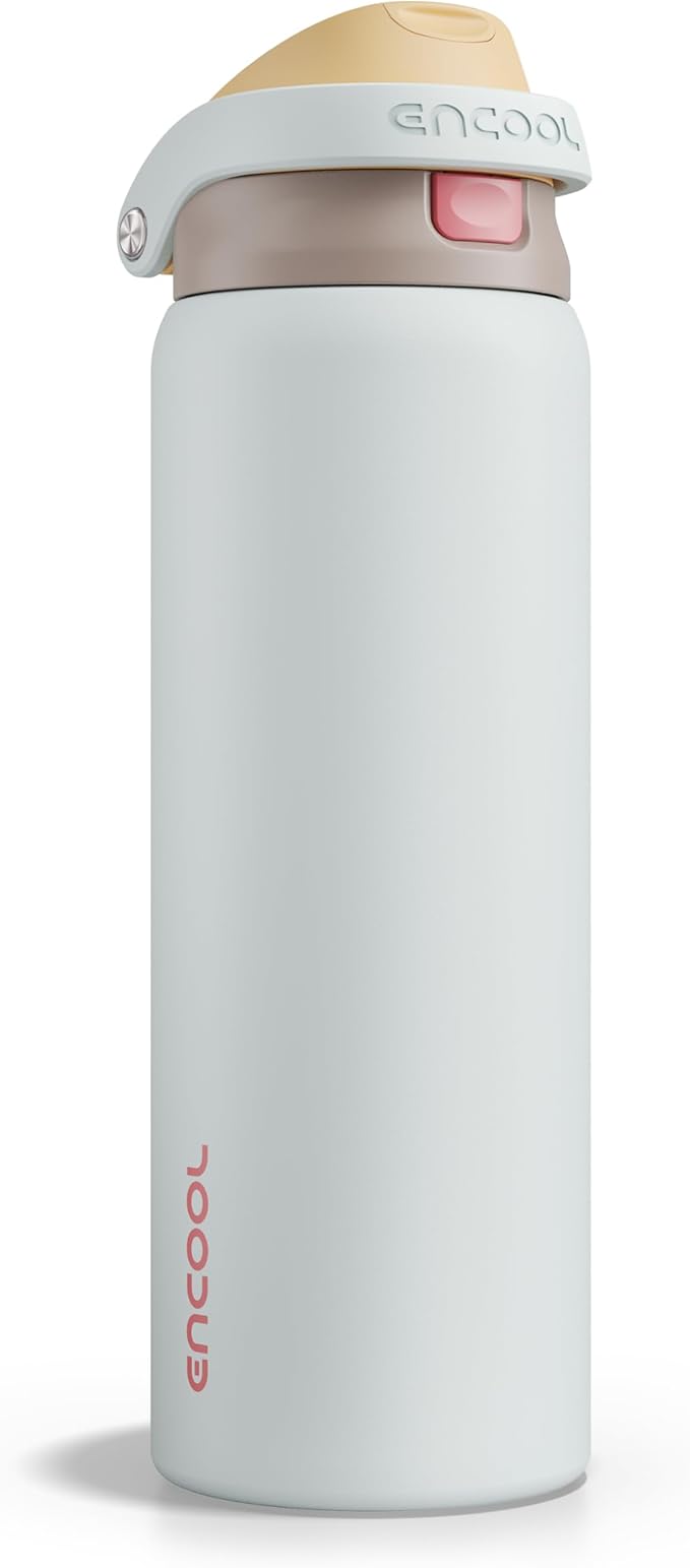 ENCOOL Leakproof Insulated Water Bottle with Straw Dual-Sip Water Bottle Bag-Safe Design for Work, Commute & Gym – Keeps Drinks Cold All Day, 32 oz, Clay Grey