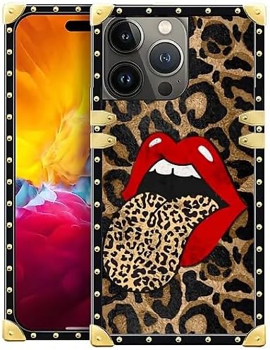 Compatible with iPhone 15 Pro Max Case, Brown Leopard Print Mouth Luxury Golden Decoration for Girl Women Soft TPU Shockproof Protective Hard PC Back for iPhone 15 Pro Max