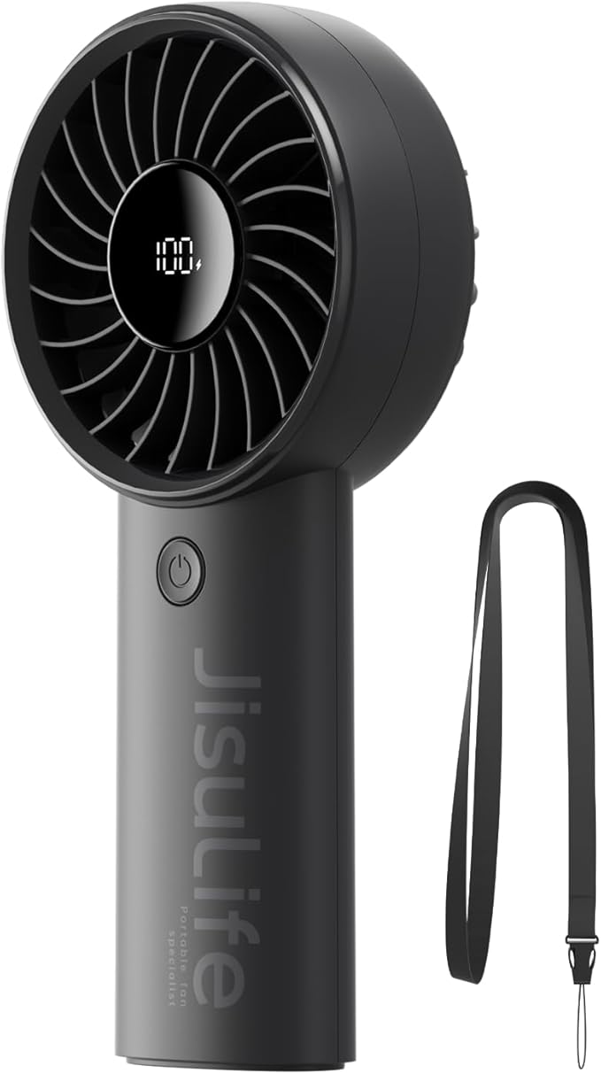 JISULIFE Handheld Portable Fan with Powerful Motor,LED Display,3600mAh Battery,5 Wind Speeds,Lanyard; Summer Essentials USB Rechargeable Hand held Fan for Travel,Beach,Makeup,Concerts-Black