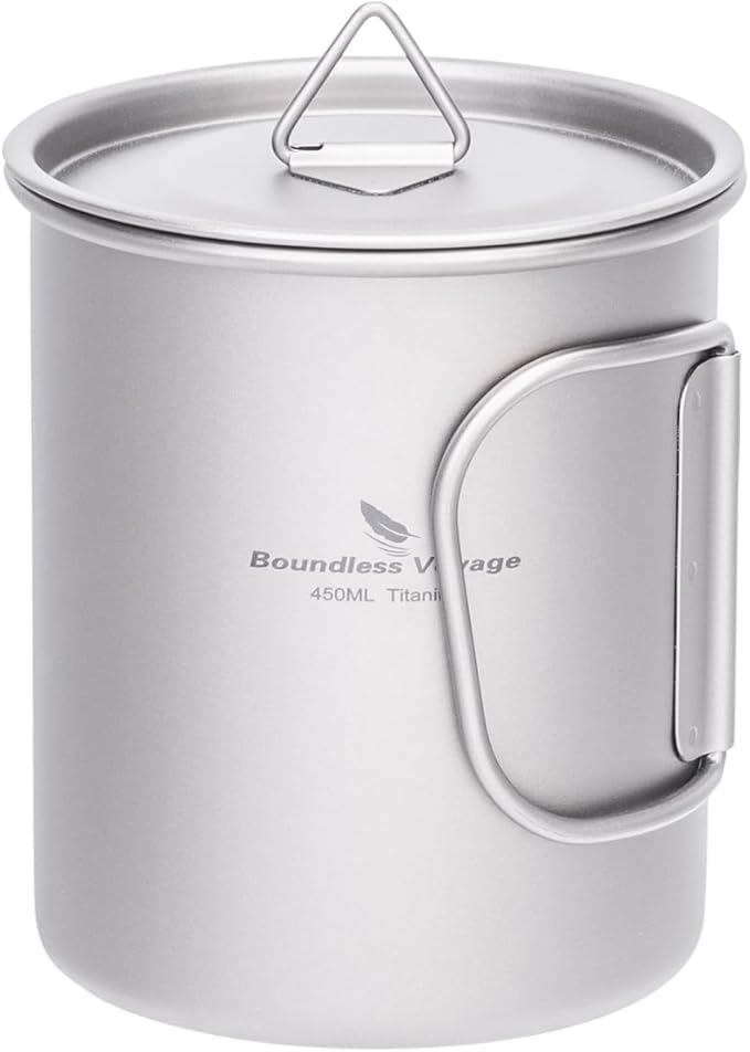 Boundless Voyage Titanium Camping Mug with Lid 300ml 450ml 750ml Lightweight Folding Handle Cup for Outdoor Backpacking Hiking Travel Durable Portable (450ml)