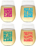 Set of 4 Shatterproof Designer 16 oz Plastic Wine Glasses MADE in the USA (BEACHAHOLIC)