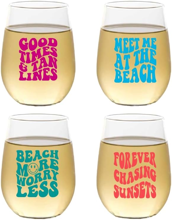 Set of 4 Shatterproof Designer 16 oz Plastic Wine Glasses MADE in the USA (BEACHAHOLIC)