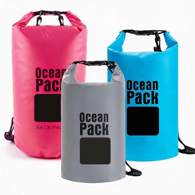 Waterproof Dry Bag Backpack Set of 3 (2L 5L 10L) – PVC Roll Top Waterproof Bags for Kayaking, Camping & Travel – Floating Compression Dry Pack for Outdoor Gear (Pink, light blue, gray)