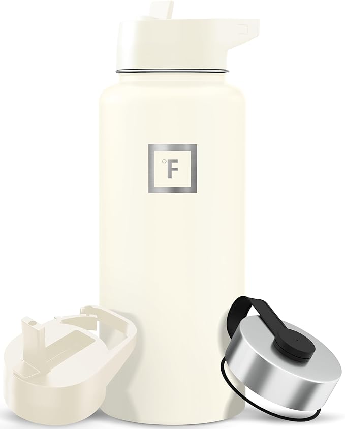 IRON °FLASK Camping & Hiking Hydration Flask with Straw, Wide Mouth Insulated Stainless Steel Sports Water Bottle - 32 oz Cashmere Cream