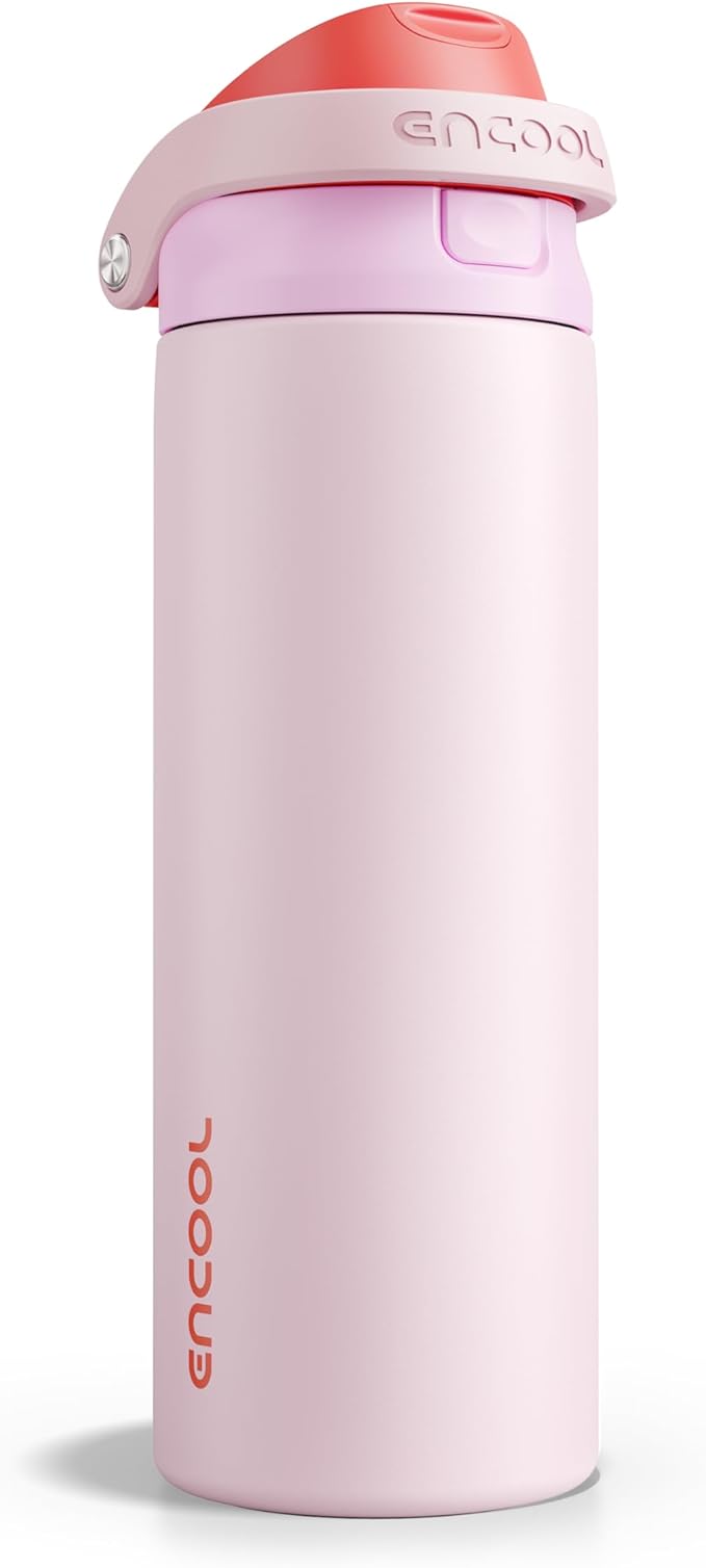 ENCOOL Leakproof Insulated Water Bottle with Straw Dual-Sip Water Bottle Bag-Safe Design for Work, Commute & Gym – Keeps Drinks Cold All Day, 24 oz, Lychee Pink