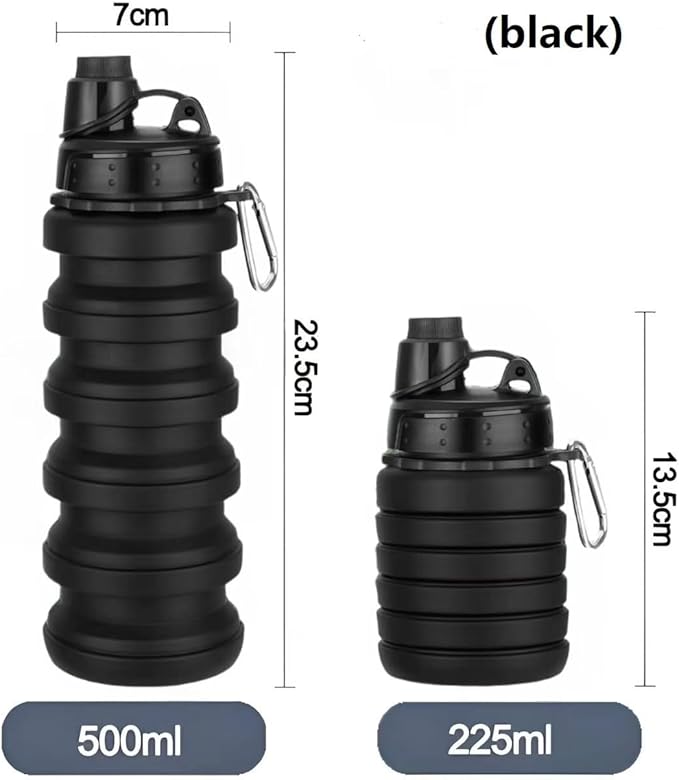 Collapsible Water Bottles 2 Pack Travel water bottle Sports Portable Water Bottle Reusable Water Bottles 500ml. (Black+Light Grey)