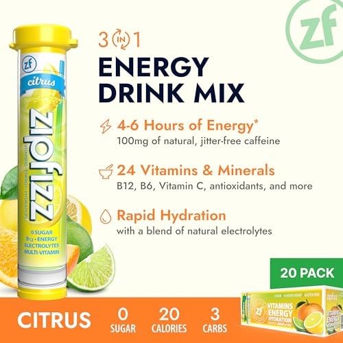 Zipfizz Daily Energy Drink Powder, Citrus, 20 Pack, 3-in-1 Sustained Energy, Rapid Hydration, and Essential Vitamins, Sugar-Free, Electrolyte Powder, Contains Vitamin B-12 & Antioxidants
